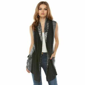 Juicy‎ Couture Women's S Longline Sequin Sweater Vest Gray Black Y2K Bling Layer